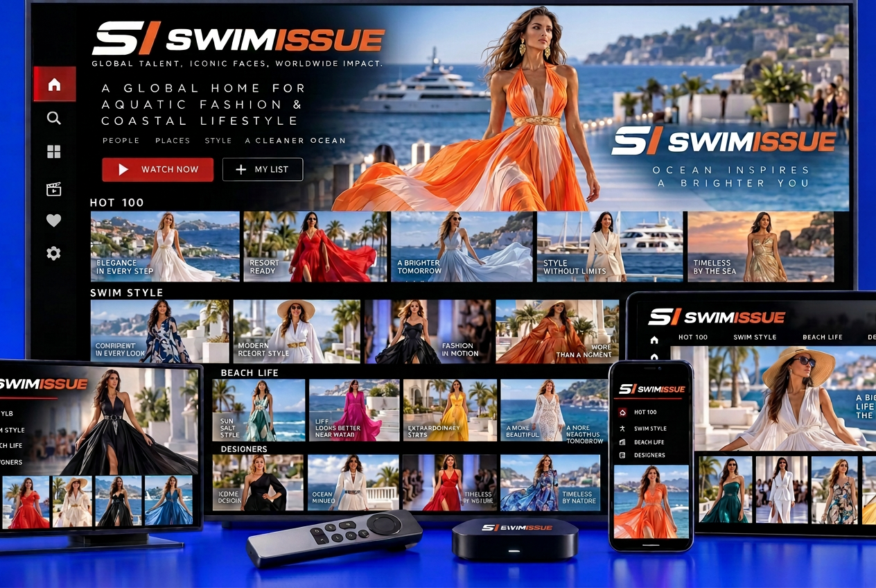 Swimissue TV channel shown across television, tablet and mobile screens